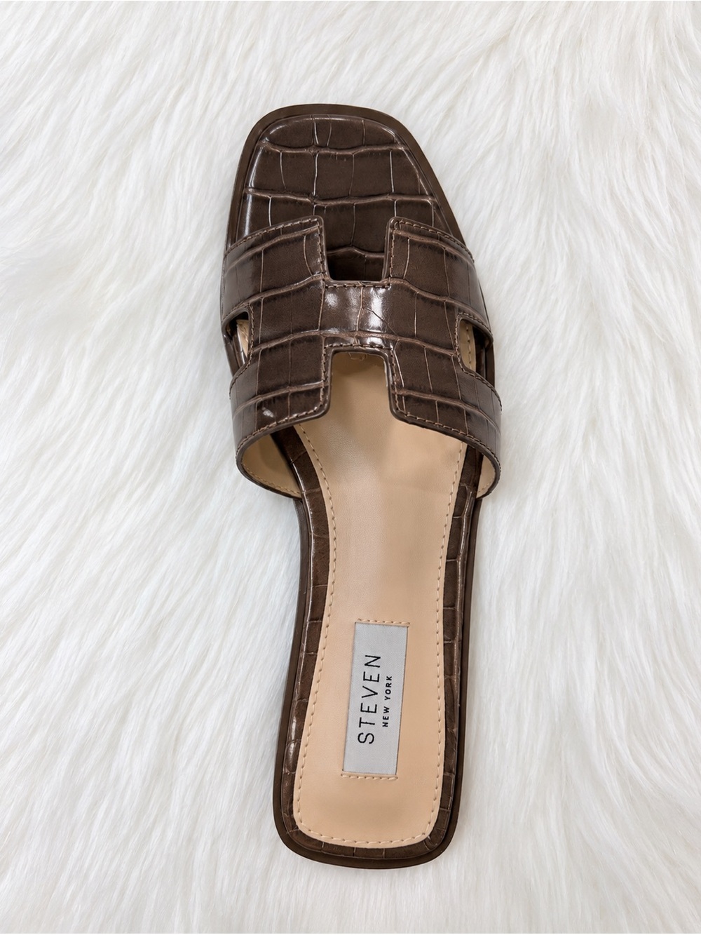 Steven New York Hannah Croc Embossed H Slide Sandals Brown 6.5
